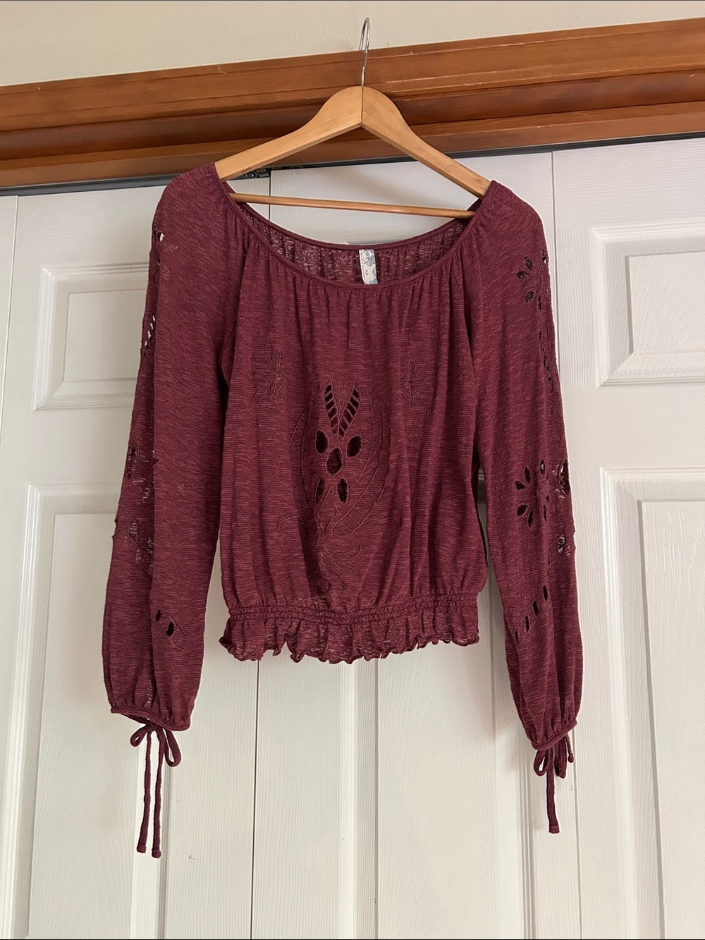 Free People Maroon Embroidered Cutout Peasant Blouse